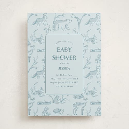 This is a water baby shower invitations with standard by Teju Reval called forest toile printing on signature in standard