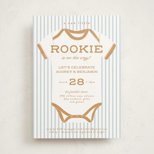 This is a mustard baby shower invitations with standard by Paper Raven Co. called rookie season printing on signature in standard