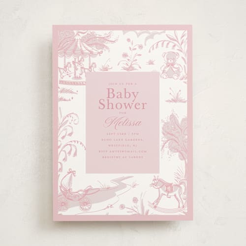 This is a blush baby shower invitations with standard by Teju Reval called baby toile printing on signature in standard