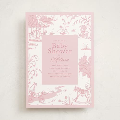 This is a blush baby shower invitations with standard by Teju Reval called baby toile printing on signature in standard