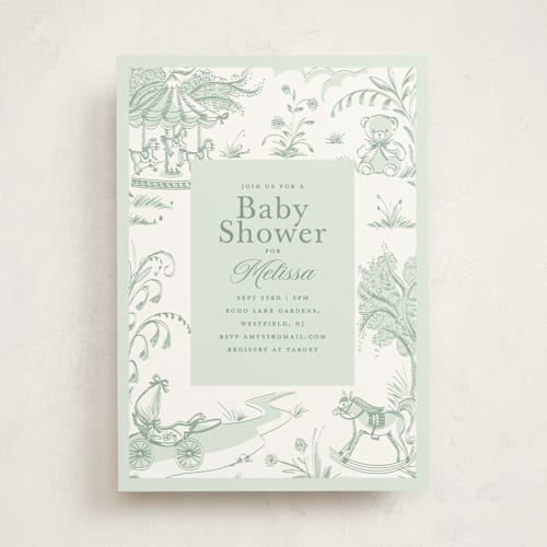 This is a forest baby shower invitations with standard by Teju Reval called baby toile printing on signature in standard