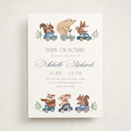 This is a navy baby shower invitations with standard by Vivian Yiwing called woodland cars printing on signature in standard