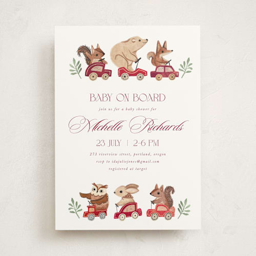 This is a barn baby shower invitations with standard by Vivian Yiwing called woodland cars printing on signature in standard