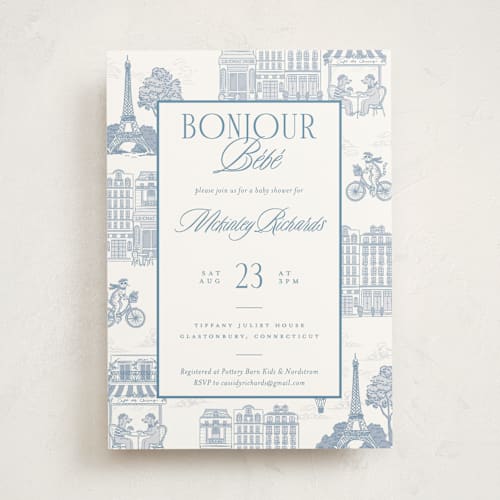 This is a provincial baby shower invitations with standard by Jenna Holcomb called bonjour toile printing on signature in standard