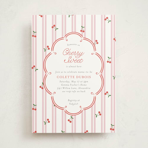 This is a rose baby shower invitations with standard by Leia Matt called cherry sweet stripe printing on signature in standard