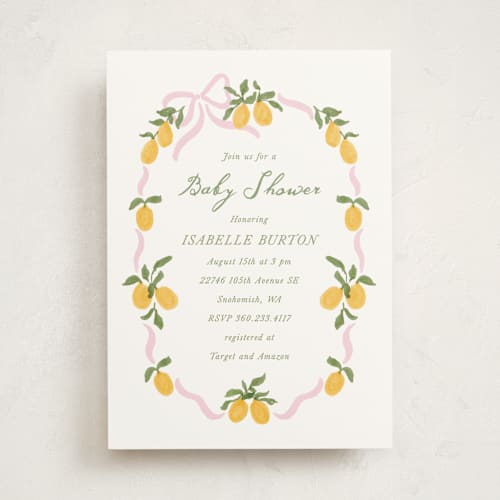 This is a pink lemonade baby shower invitations with standard by Angela Garrick called lemon and ribbon printing on signature in standard