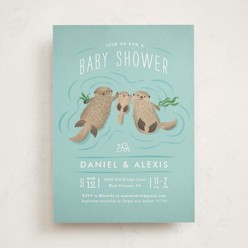 This is a aqua baby shower invitations with standard by Jennifer Wick called little otters printing on signature in standard