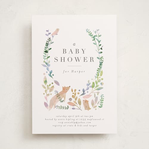 This is a forest baby shower invitations with standard by Lori Wemple called woodland printing on signature in standard