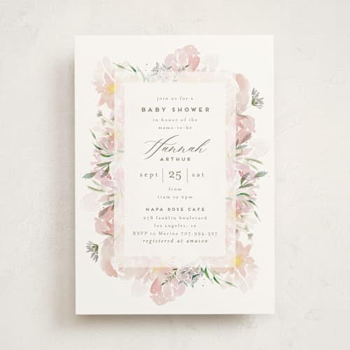 This is a blush baby shower invitations with standard by Leah Bisch called flora fest printing on signature in standard