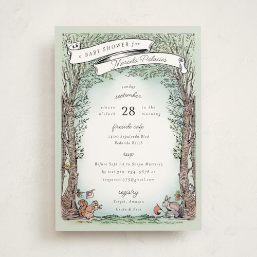 This is a mint baby shower invitations with standard by Becky Nimoy called victorian forest scene printing on signature in standard