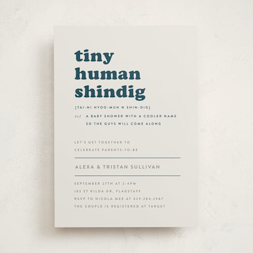 This is a whale baby shower invitations with standard by Corinne Malesic called tiny human printing on signature in standard