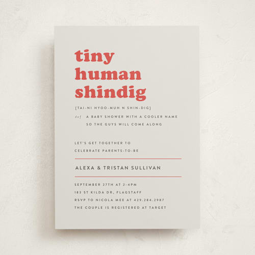 This is a fire engine baby shower invitations with standard by Corinne Malesic called tiny human printing on signature in standard