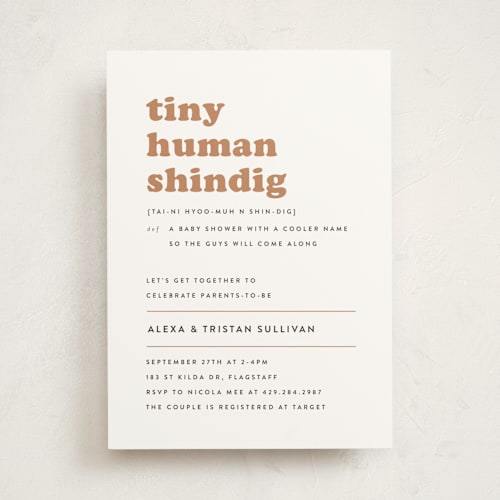 This is a cinnamon baby shower invitations with standard by Corinne Malesic called tiny human printing on signature in standard