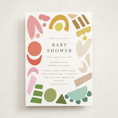This is a rainbow baby shower invitations with standard by Morgan Kendall called rainbow shapes printing on signature in standard