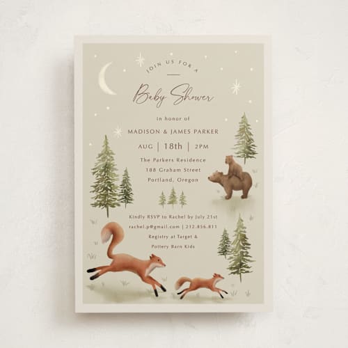 This is a olive baby shower invitations with standard by Elly called forest adventure printing on signature in standard