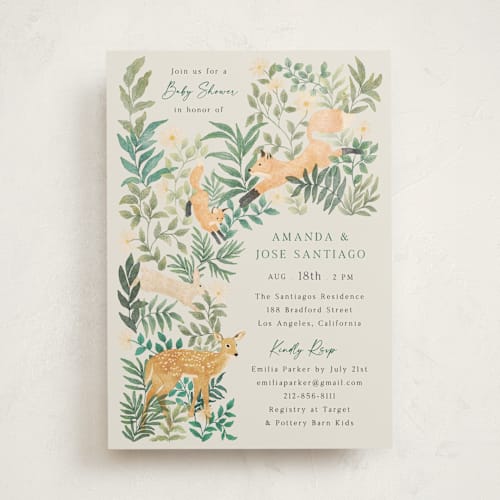 This is a cream baby shower invitations with standard by Elly called wild forest printing on signature in standard