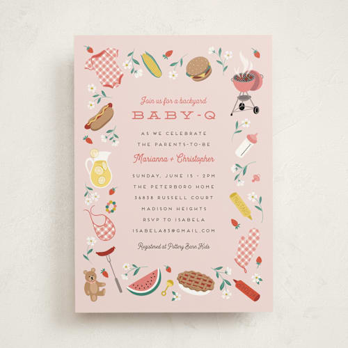 This is a strawberry baby shower invitations with standard by Jamie Alexander called baby-q printing on signature in standard