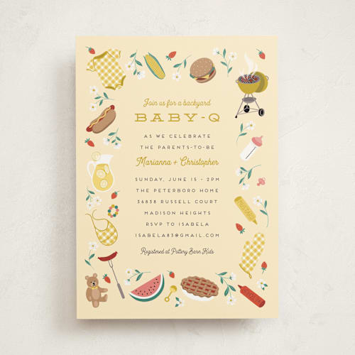 This is a mustard baby shower invitations with standard by Jamie Alexander called baby-q printing on signature in standard