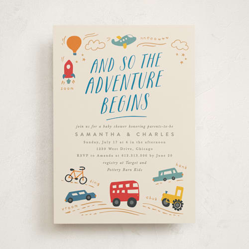 This is a blue jay baby shower invitations with standard by Creo Study called adventure begins printing on signature in standard