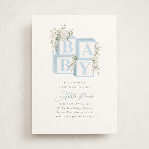 This is a baby blue baby shower invitations with standard by Itsy Belle Studio called botanical blocks printing on signature in standard