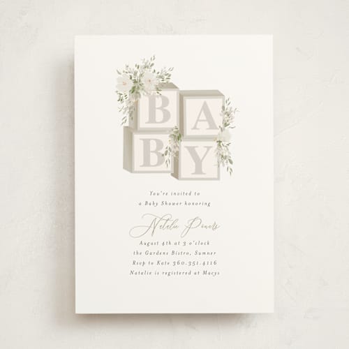 This is a greige baby shower invitations with standard by Itsy Belle Studio called botanical blocks printing on signature in standard
