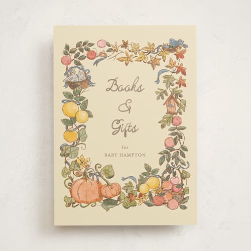 This is a ivory baby shower decorations with standard by Becky Nimoy called autumn harvest printing on doublethick in 5x7