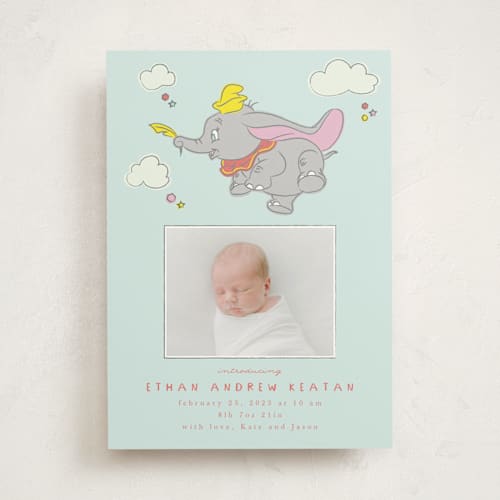 This is a baby blue birth announcements with standard by Kanika Mathur called disney's baby dumbo printing on signature in standard