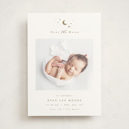 This is a fawn birth announcements with standard by AK Graphics called over the moon printing on signature in standard
