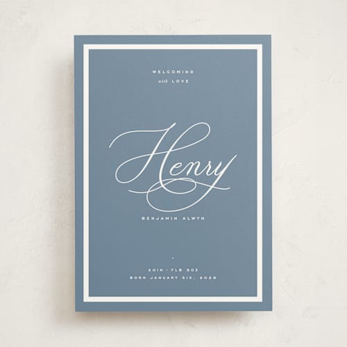 This is a sky birth announcements with standard by Blustery August called welcome baby printing on signature in standard
