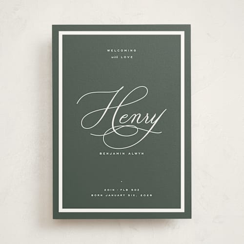 This is a forest birth announcements with standard by Blustery August called welcome baby printing on signature in standard