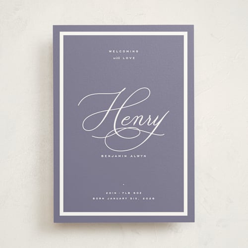 This is a violet birth announcements with standard by Blustery August called welcome baby printing on signature in standard