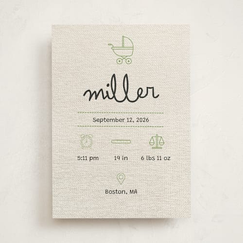 This is a mint birth announcements with standard by Ashley Langlais called stitched together printing on signature in standard