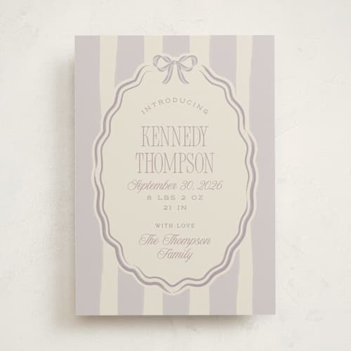 This is a lilac birth announcements with standard by Robert and Stella called bow frame printing on signature in standard