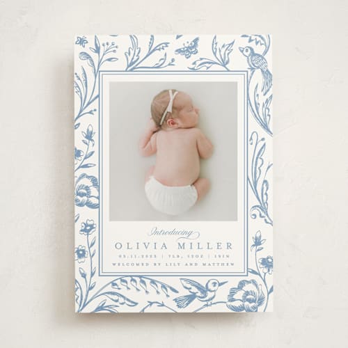 This is a cloud birth announcements with standard by Teju Reval called dreamy garden printing on signature in standard
