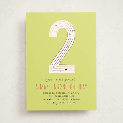This is a citrus kids birthday invitations with foil pressed by Anupama called a-maze-ing party printing on signature in standard