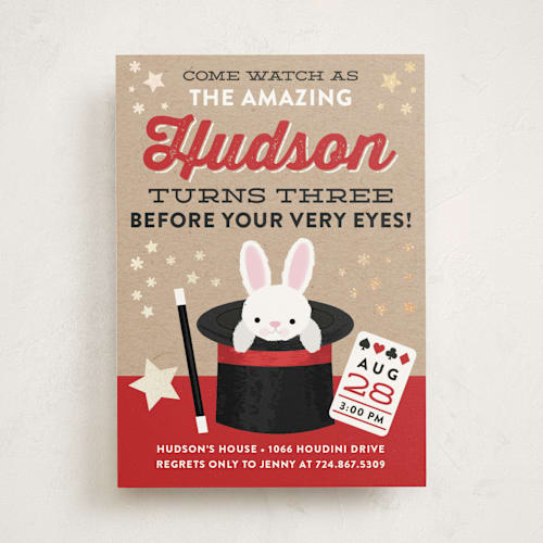 This is a firetruck kids birthday invitations with foil pressed by One Swell Studio called before your very eyes printing on signature in standard