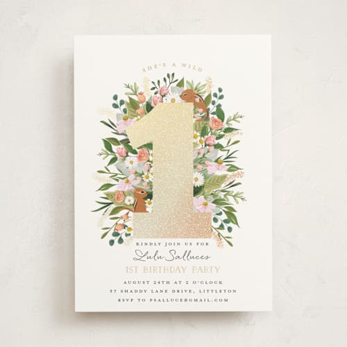 This is a blush kids birthday invitations with foil pressed by Susan Moyal called she's a wild one printing on signature in standard