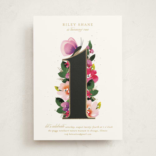 This is a peony kids birthday invitations with foil pressed by Angela Marzuki called butterfly garden printing on signature in standard