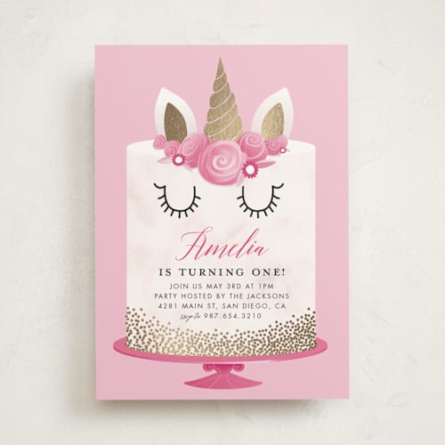 This is a candy kids birthday invitations with foil pressed by Katie Zimpel called unicorn cake printing on signature in standard