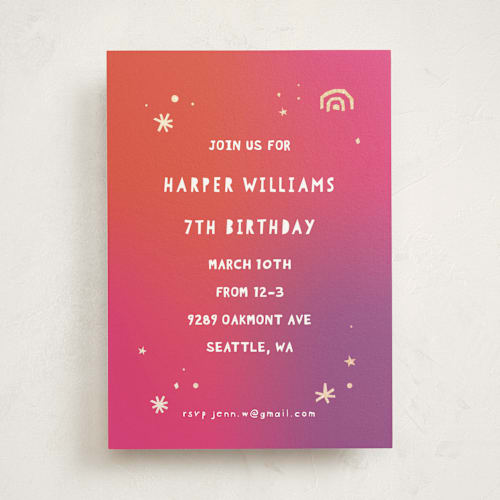 This is a fruit punch kids birthday invitations with foil pressed by Rebecca Durflinger called bright sparkle printing on signature in standard