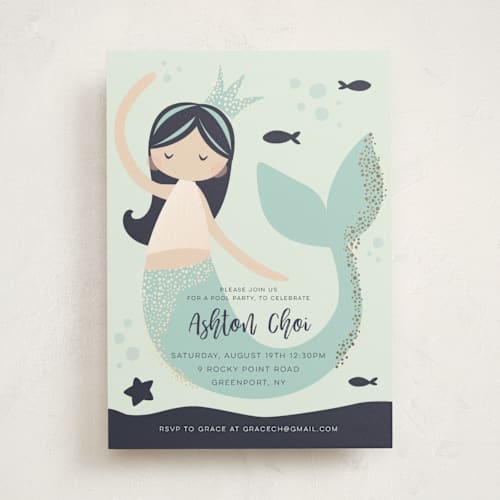 This is a deep sea kids birthday invitations with foil pressed by peetie design called glitter mermaid printing on signature in standard