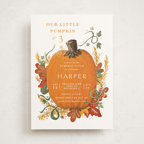 This is a pumpkin kids birthday invitations with foil pressed by Corie Page called pumpkin patch printing on signature in standard