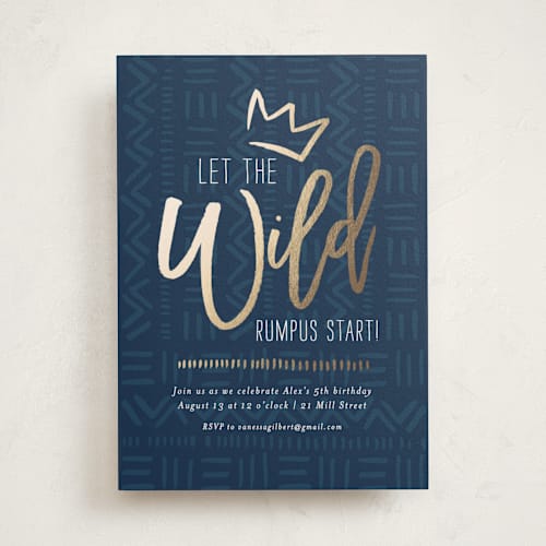 This is a navy kids birthday invitations with foil pressed by Anelle Mostert called wild rumpus printing on signature in standard