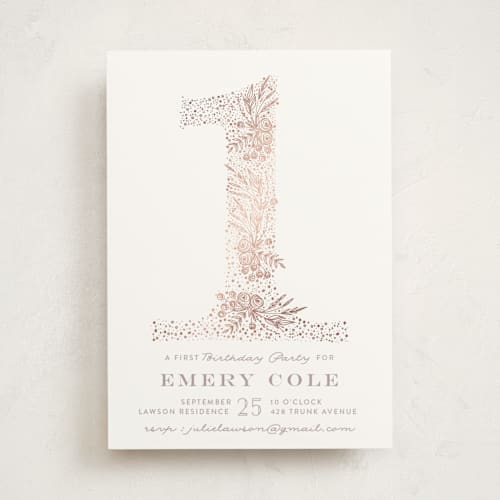 This is a rose gold kids birthday invitations with foil pressed by Phrosné Barwood called floral one printing on signature in standard