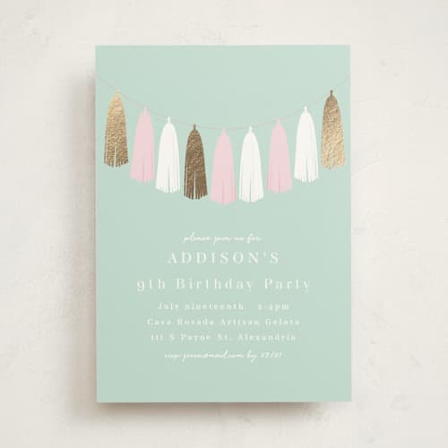This is a peppermint kids birthday invitations with foil pressed by Angela Thompson called gilded garland printing on signature in standard