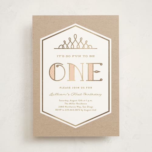 This is a blush kids birthday invitations with foil pressed by Erica Krystek called pink & gold printing on signature in standard