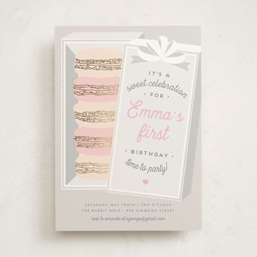 This is a mist kids birthday invitations with foil pressed by Jennifer Lew called macaron parlor printing on signature in standard