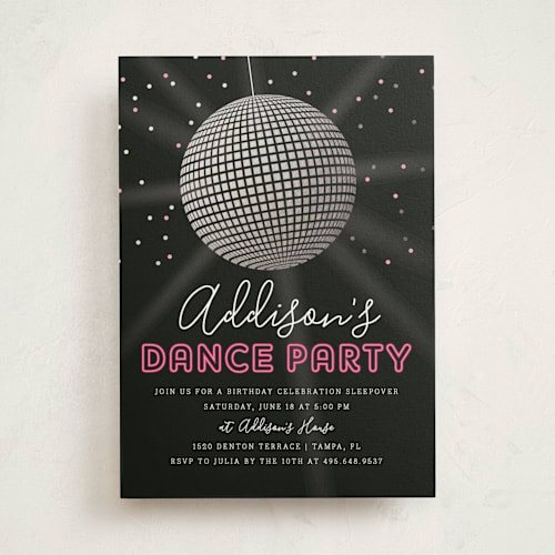 This is a raspberry kids birthday invitations with foil pressed by Kelly Nasuta called dance party printing on signature in standard