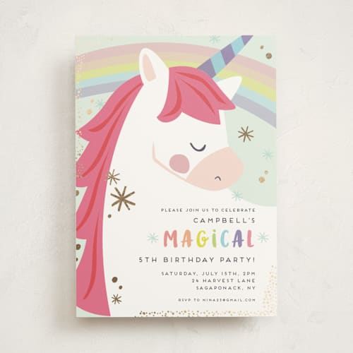 This is a bubblegum kids birthday invitations with foil pressed by peetie design called unicorno printing on signature in standard