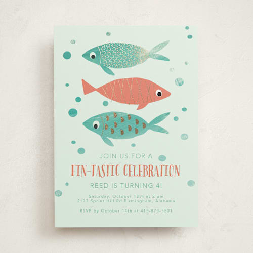 This is a papaya kids birthday invitations with foil pressed by Hallie Fischer called fin-tastic celebration printing on signature in standard